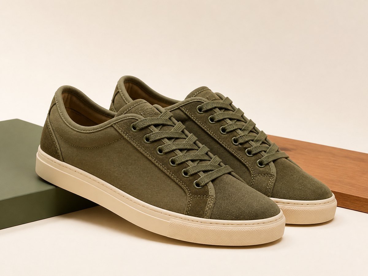 Par de sneakers casuales de lona y gamuza color oliva